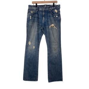 7 For All Mankind Mens Bootcut Distressed Ripped Jeans Blue Denim Size 34 Y2K